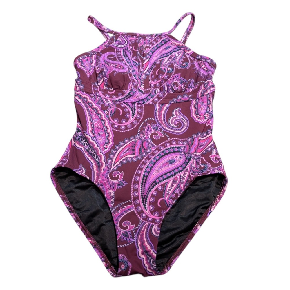 Lands End Womens Purple Paisley High Neck One Piece Swimsuit Size 2 Halter Back